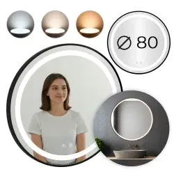 Apvalus juodas LED vonios veidrodis 80 cm su 3 šviesos spalvomis ModernHome