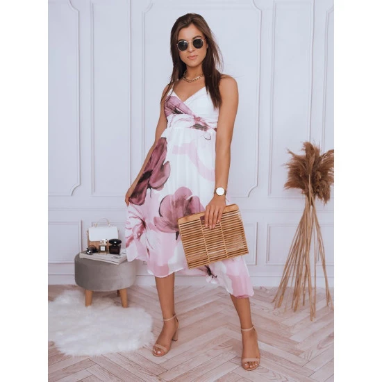 Akcija Balta moteriška suknelė rožinėmis gėlėmis 