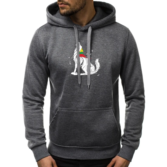 Tamsiai pilkos spalvos vyriškas džemperis su gobtuvu Vilkas Vyriški džemperiai su spauda