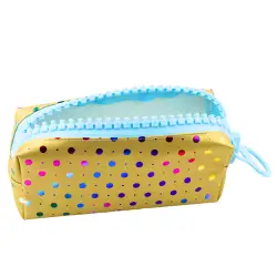 Auksinės spalvos mokyklinis penalas su spalvotais taškeliais 21x8 cm